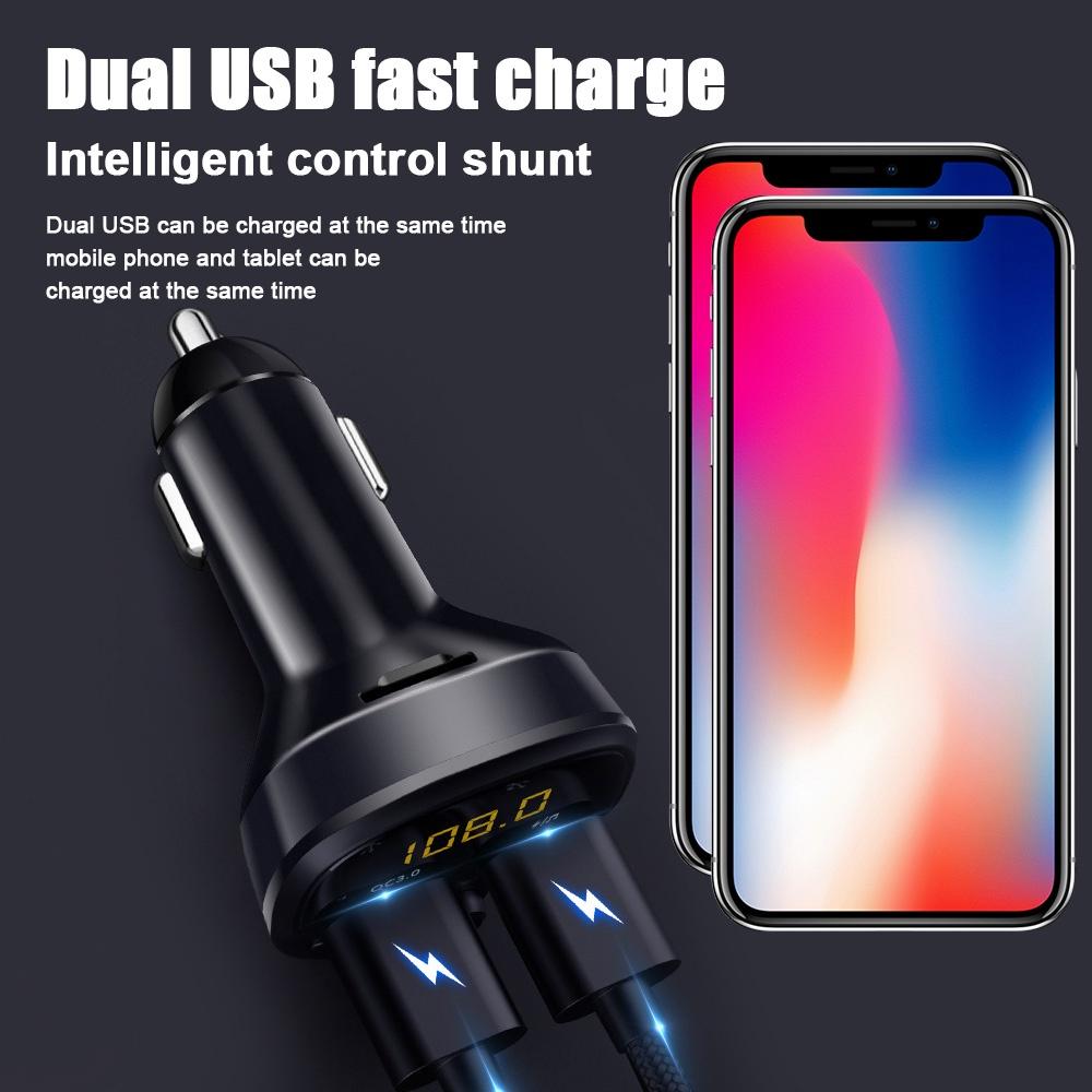 Tẩu sạc hai cổng USB Bluetooth 5.0 QC 3.0 có đèn LED hỗ trợ thẻ nhớ TF/ máy nghe nhạc MP3 rảnh tay cho xe hơi