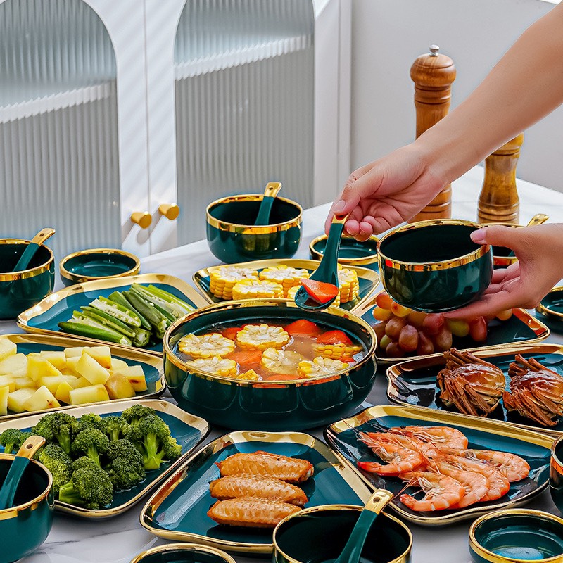 Bộ bát đĩa gốm sứ cao cấp bộ bát đĩa hoa mặt trời viền vàng kim sang chảnh