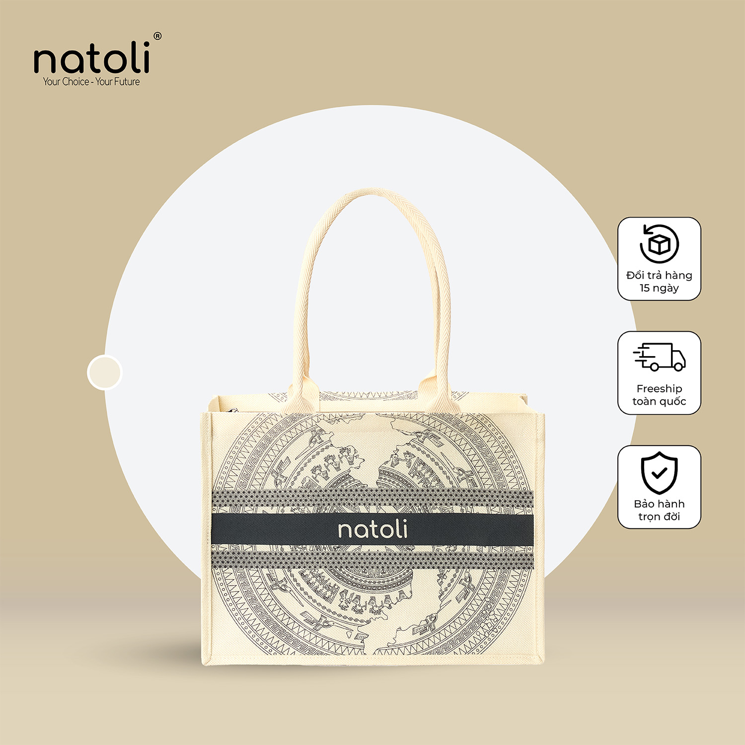 Túi cói vintage, túi đi biển NATOLI đi du lịch, đi chơi có khóa kéo đựng đồ tiện lợi BST Artisan Eco Jute Tote T36