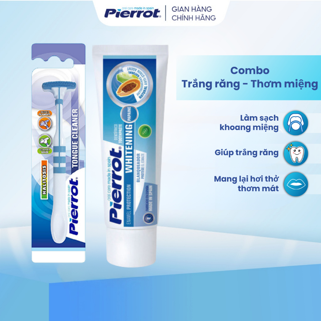 Bộ Đôi Trắng Răng Thơm Miệng PIERROT Kem Đánh Răng Làm Trắng 75ml Và Dụng Cụ Làm Sạch Lưỡi