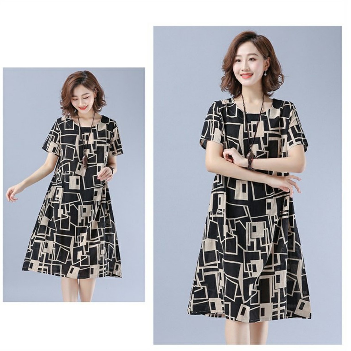 Váy Đầm Trung Niên- Đầm Linen Suông In Hoạ Tiết Tay Ngắn Chất Linen Mát Đũi Việt DV167
