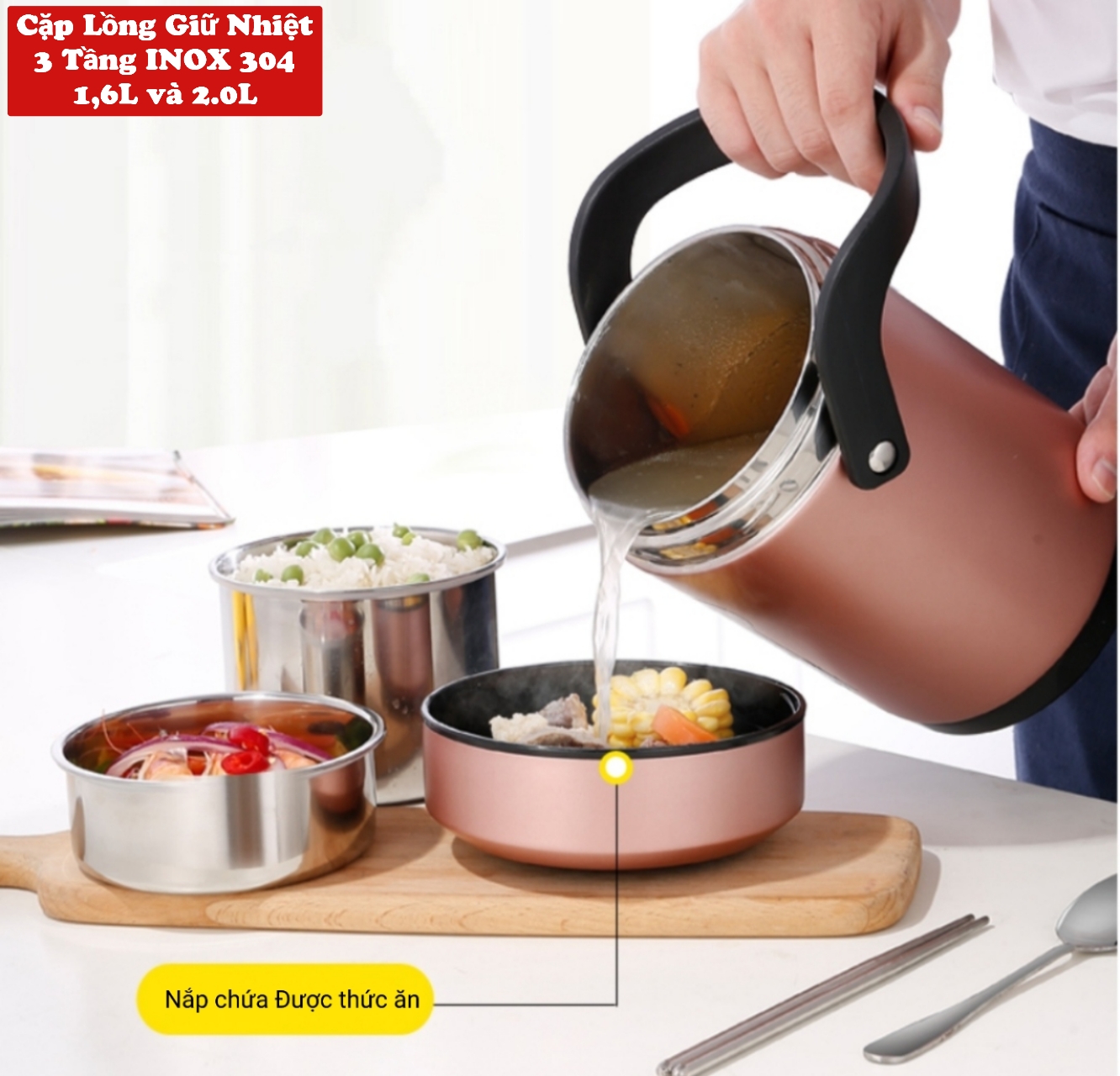 Cặp lồng ủ cơm cháo HAK1 inox 304# cao cấp 1,6 lít và 1,2 lít  3 tầng nắp chống tràn