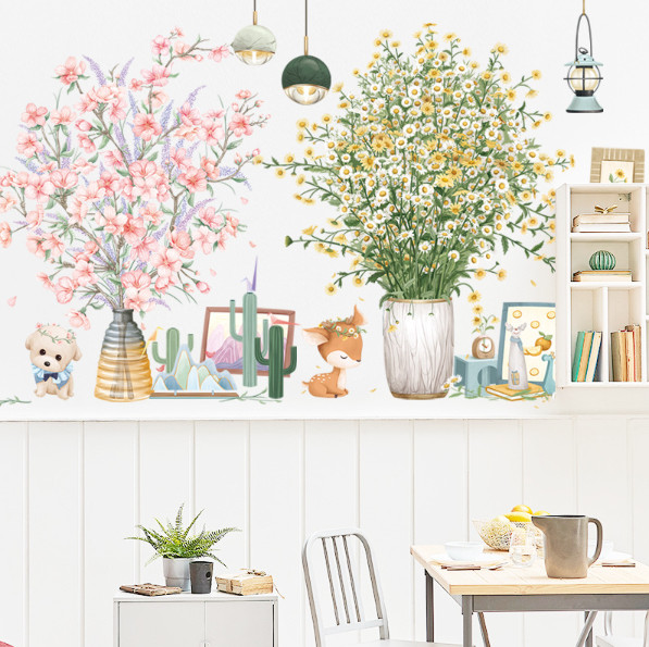 Decal trang trí tường - Hoa cúc trắng vàng và hoa hồng nhạt