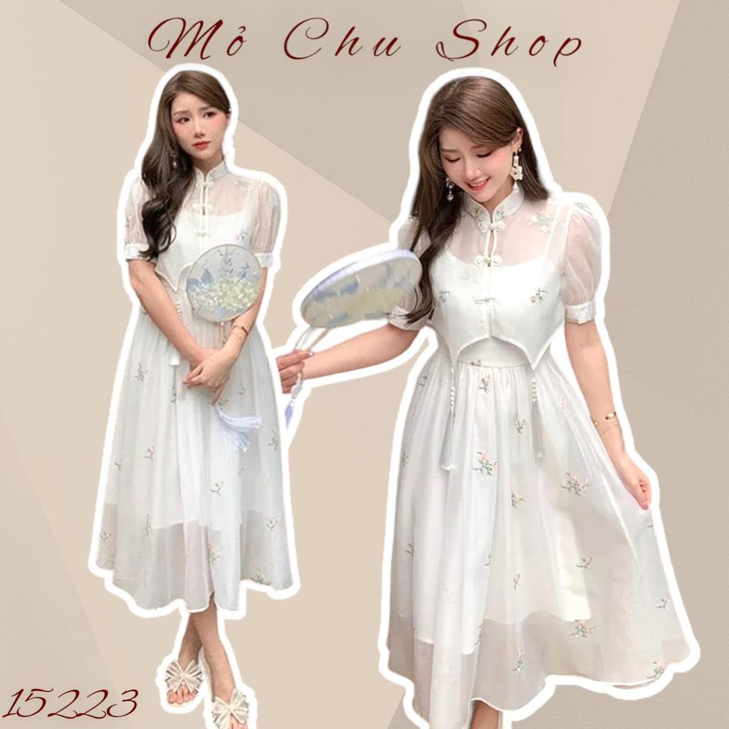 Set đầm cổ tàu hoa nhí