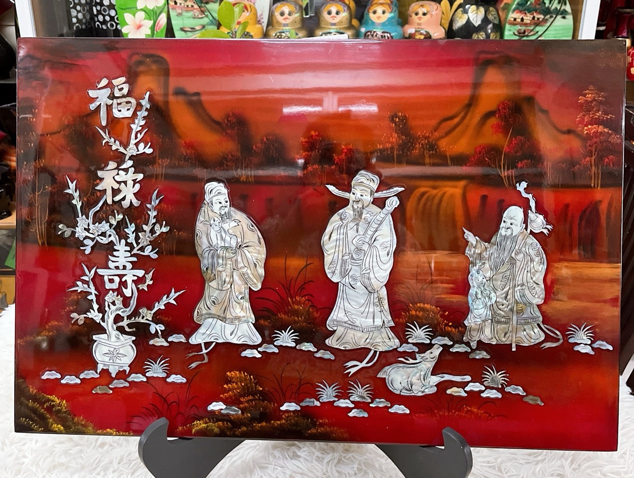 Tranh sơn mài Phúc Lộc Thọ cẩn ốc hàng xuất khẩu 40x60 cm trang trí nhà cửa, quà tặng tân gia, chúc Thọ ý nghĩa