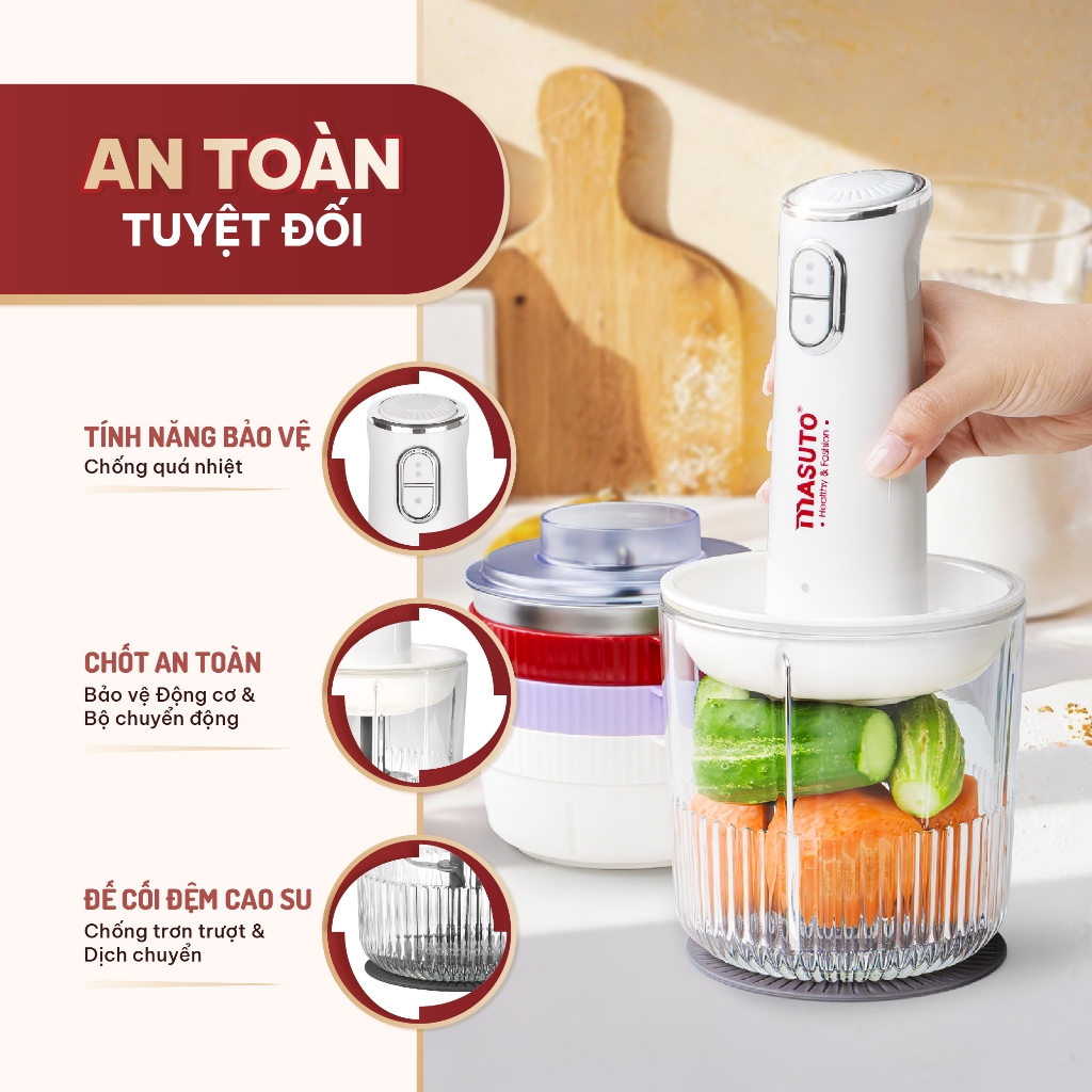 Máy xay thịt đa năng Masuto Fivestar 1L cối thủy tinh, tặng cối xay hạt xay gia vị, xay khỏe siêu nhanh nhuyễn mịn - Hàng chính hãng
