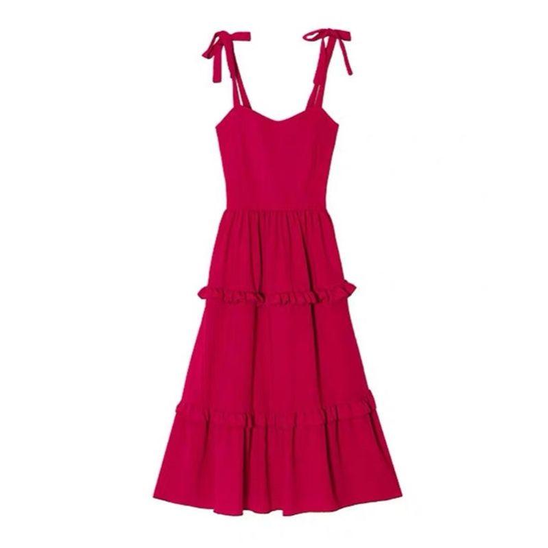 DONGSHOP Red Sling Dress Design Sense Little French Vintage Beach Dress Đối với phụ nữ đi biển kỳ nghỉ mùa hè 2023