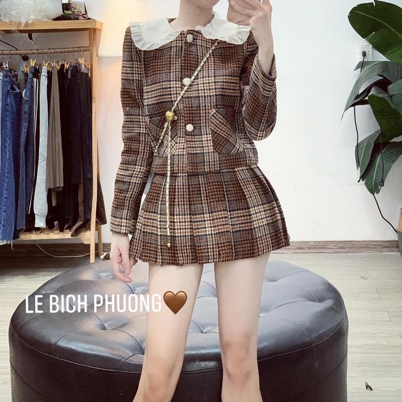 Set Dạ Kẻ Nâu Áo Dạ Mix Chân Váy Xếp Ly Có Ảnh Thật Kèm Video