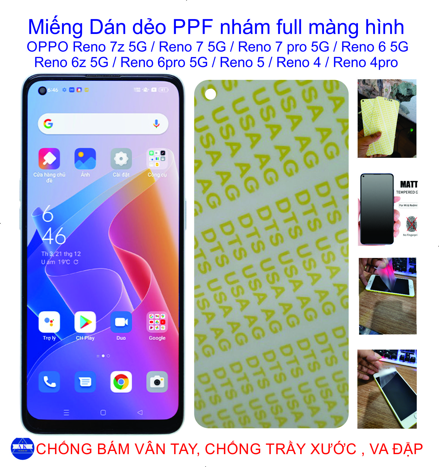 Miếng Dán Dẻo PPF nhám Full màng hình dành cho OPPO Reno 7z / Reno 7 / Reno 7pro / Reno 6z / Reno 6.