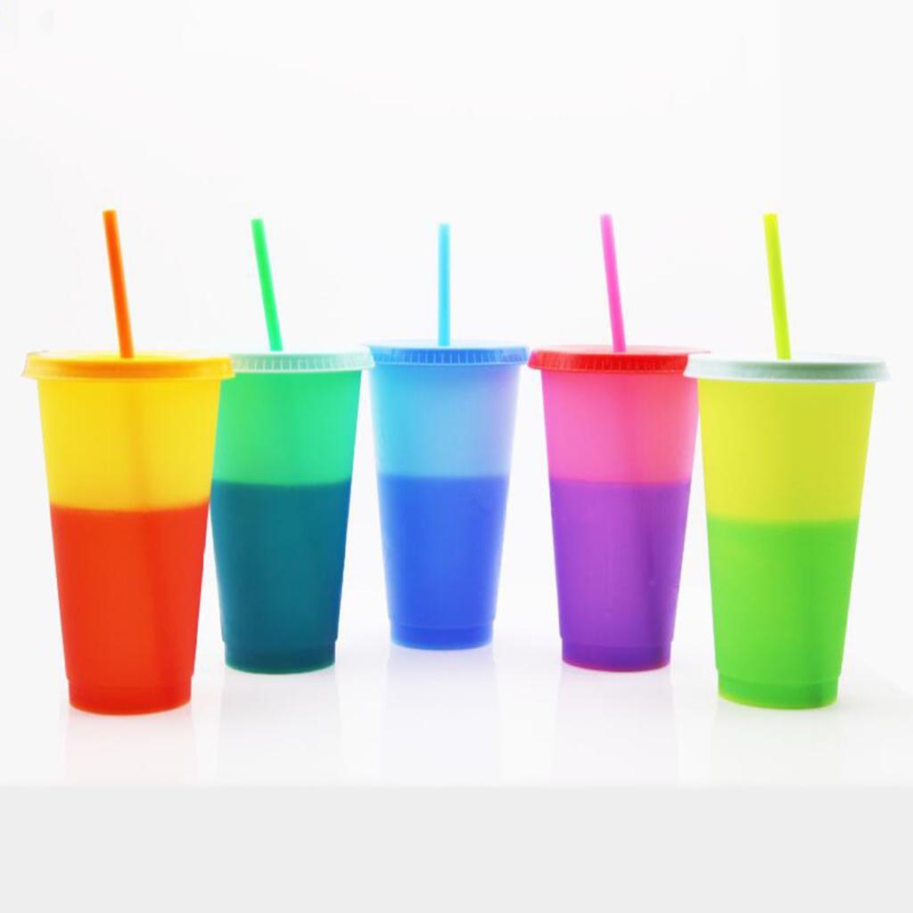2X 5 Pack 720ml Color Changing Cups Plastic Cold Beverage Cups Mugs with Lids