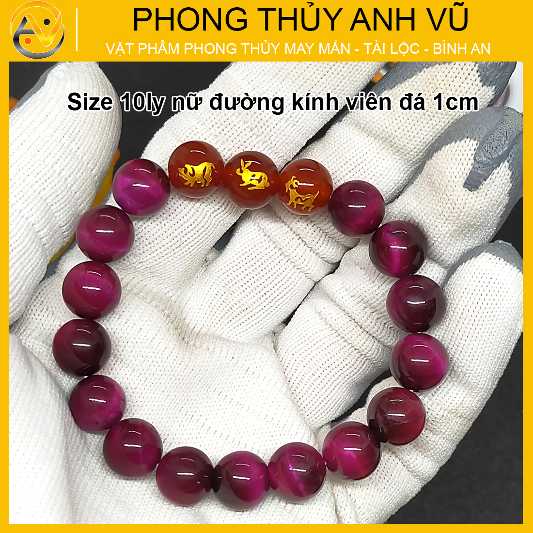 Vòng tay phong thủy nữ tam hợp hợi mão mùi - chất liệu đá mắt hổ hồng tự nhiên - size 8 10ly - may mắn tài lộc - Vòng Tam Hợp Anh Vũ