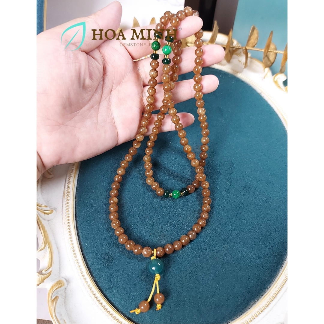Vòng tay chuỗi 108 hạt đá Mã Não màu nâu ngọc hoà điền size 6.5 li phối bánh xe mã não, cẩm thạch sơn thủy, tài lộc bình an