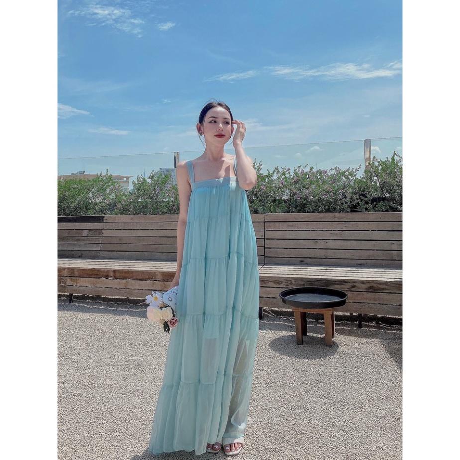 Đầm váy maxi suông dài tơ lót lụa 2 dây hở lưng tầng Ivy fashion đi biển dự tiệc dạo phố bigsize gợi cảm s