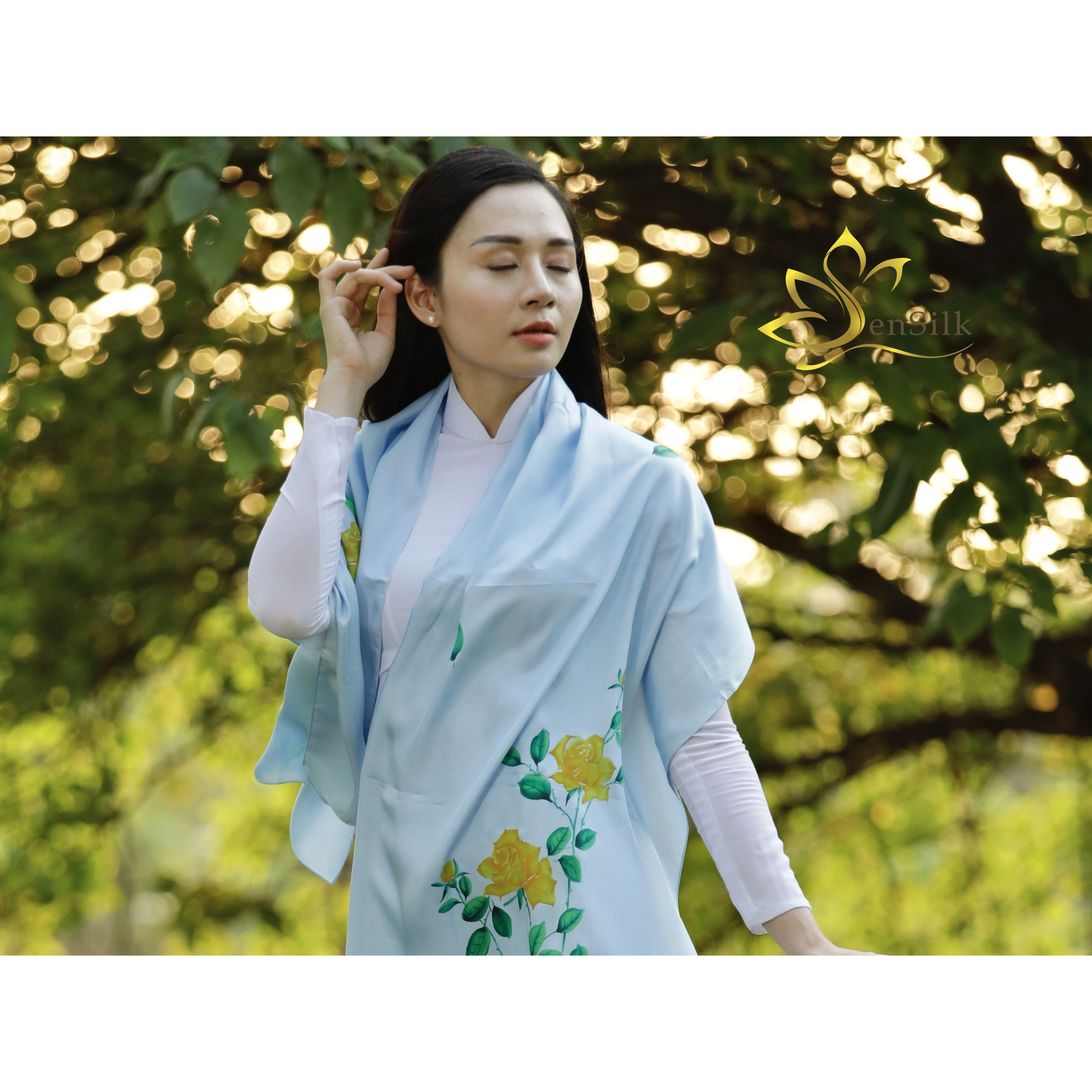 Khăn Lụa Bảo Lộc Vẽ Tay Rose SenSilk180x55cm, Hand Drawing Silk Scarf, 100% Silk made in Vietnam