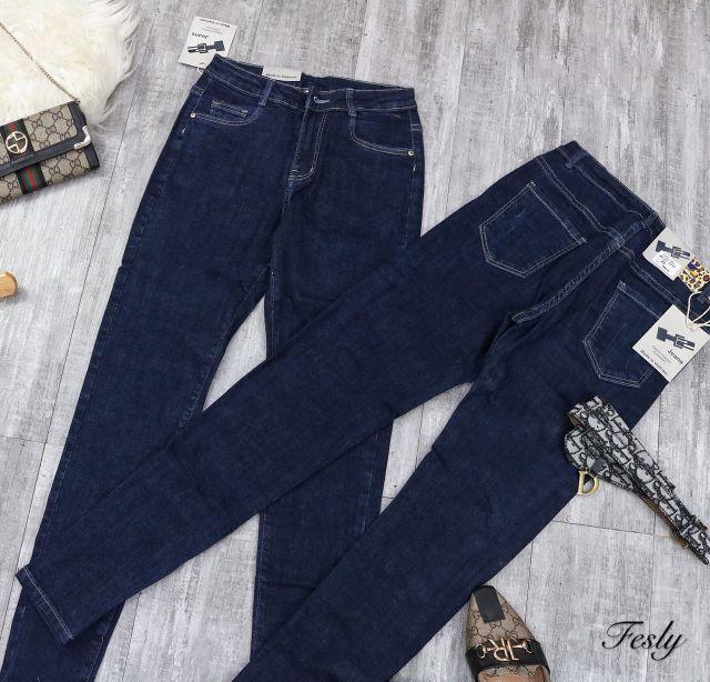 Quần Jeans Nữ Xanh Đậm Trơn Lưng Cao