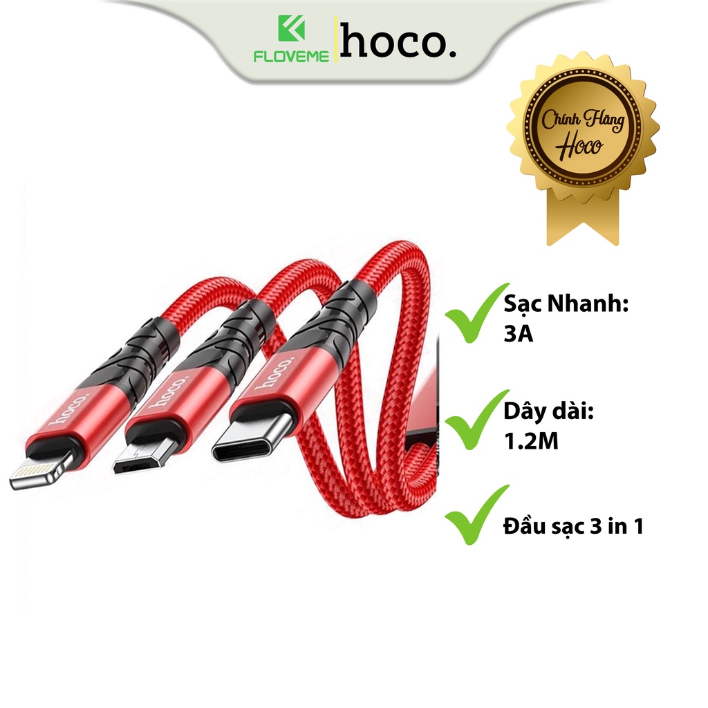 Cáp Sạc 3in1 Dành Cho Hoco DU02 IP/Type-C/Micro, Hỗ Trợ Sạc Nhanh, Dây Dù Siêu Bền Dài 1.2M, Chống Đứt Gãy - Hàng Chính Hãng