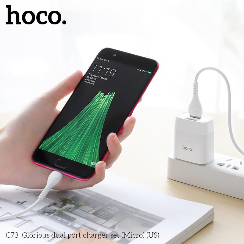 Củ sạc, bộ sạc 2 cổng USB Hoco C73 5V/2.4A Type C, Micro USB dành cho android, samsung, oppo, vivo,. hàng chính hãng