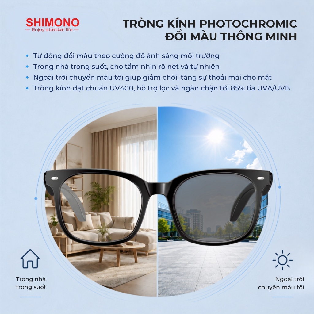 Kính Bluetooth SHIMONO AIMB-V6 Max Tròng Đổi Màu, Nghe Nhạc Open Ear, Đàm Thoại Rảnh Tay, Khẩu Lệnh Hàng chính hãng