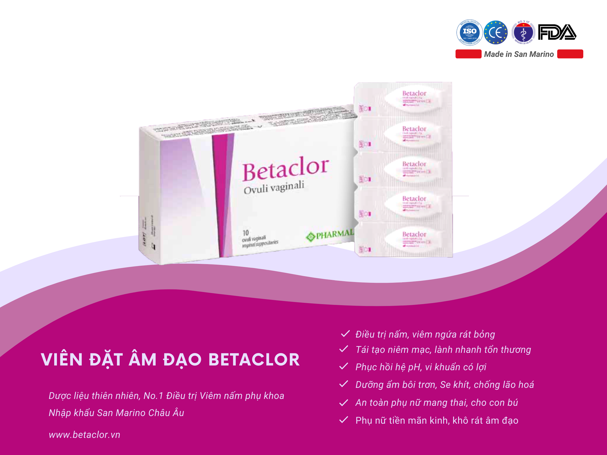 Betaclor® Austria Viên đặt phụ khoa, Giải Pháp Toàn Diện Bệnh Phụ Khoa: Viêm Phụ Khoa, Nấm Candida, Tăng Tiết Dịch Nhầy Bôi Trơn. Viên Đặt Se Khít Tái Tạo Phục Hồi Niêm Mạc, Ngừa Teo Hoá, Cân Bằng pH Lợi Khuẩn. Nhập Khẩu Nguyên Hộp Austria Châu Âu