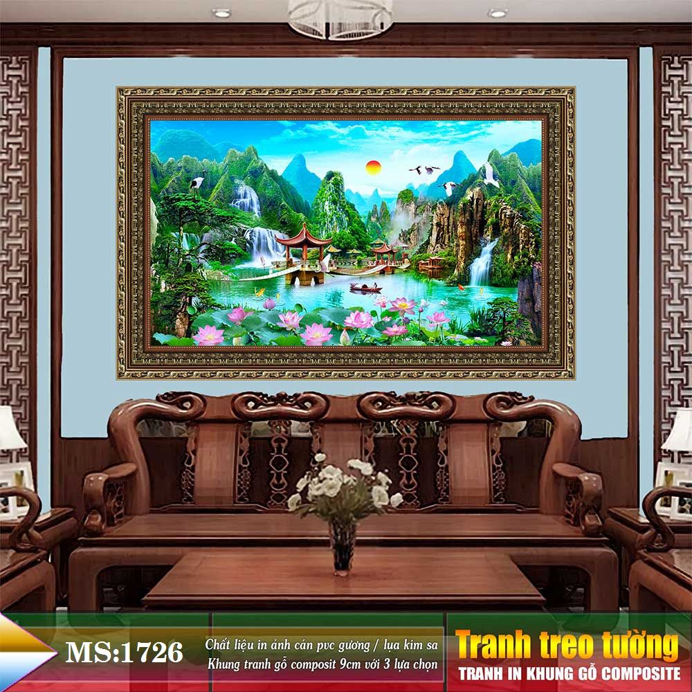Tranh treo tường phòng khách, phòng ngủ SƠN THỦY HỮU TÌNH khung gỗ composit chất liệu pvc gương / lụa kim sa. MS:1726L9