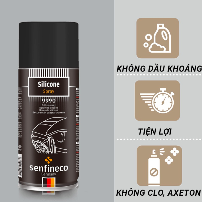 Xịt chống kẹt cửa ô tô Senfineco 9990 Silicon Spray - dung tích 450ml - Xịt dưỡng gioăng cao su bôi trơn