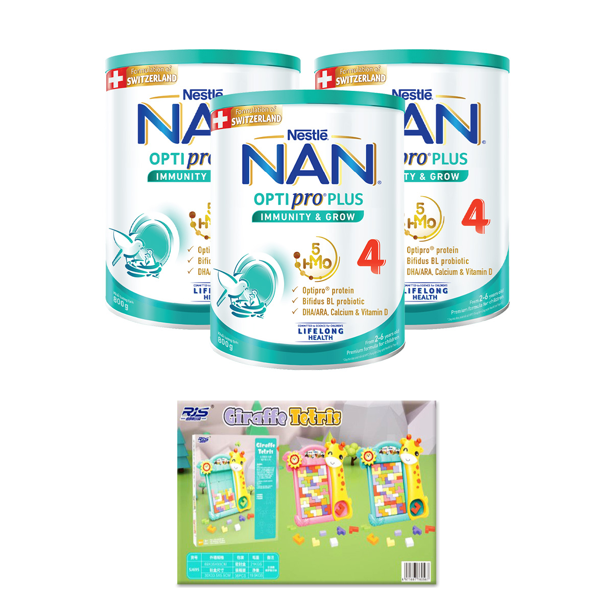 Bộ 3 lon Sữa bột Nestlé NAN OPTIPRO PLUS 4 800g/lon với 5HMO Giúp tiêu hóa tốt + Tăng cường đề kháng  + Bộ lắp ghép 3D​ mẫu ngẫu nhiên - Bé 2-6 tuổi
