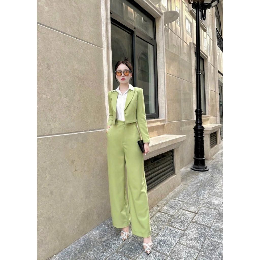 Set Bộ Vest Áo Croptop Quần Ống Suông Sang Trọng