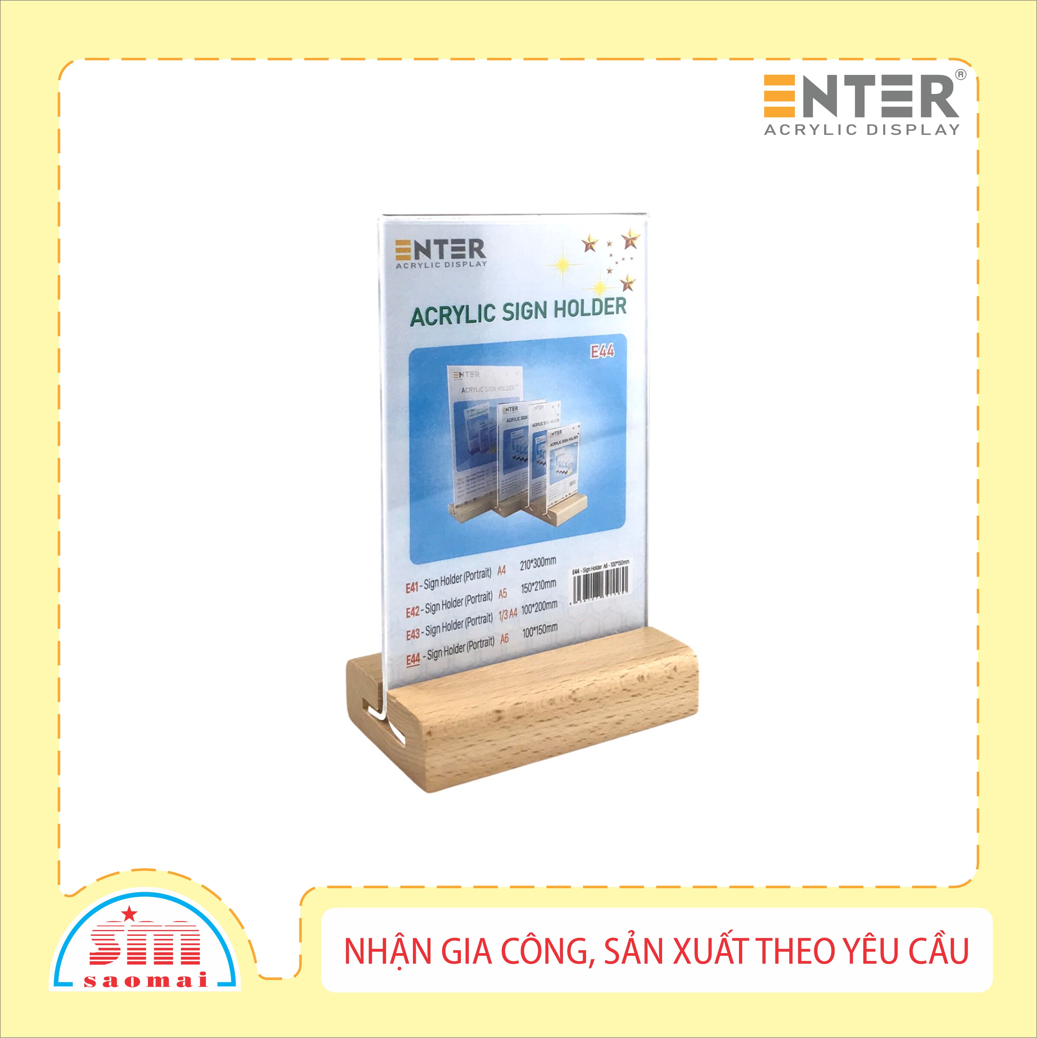 Kệ mica 2 mặt Enter E44 100x150mm đế gỗ A6 đứng