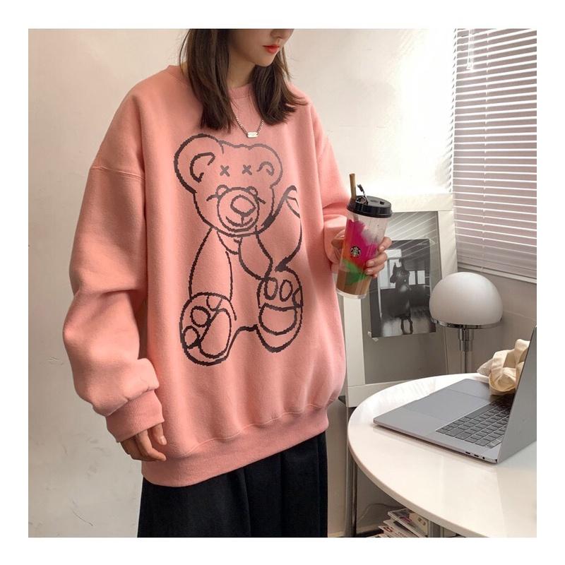 Áo Sweater Nỉ Bông Họa Tiết Gấu Phản Quang Form Rộng Unisex Nam Nữ BASIC 4 Màu Hottrend Ulzzang KUN