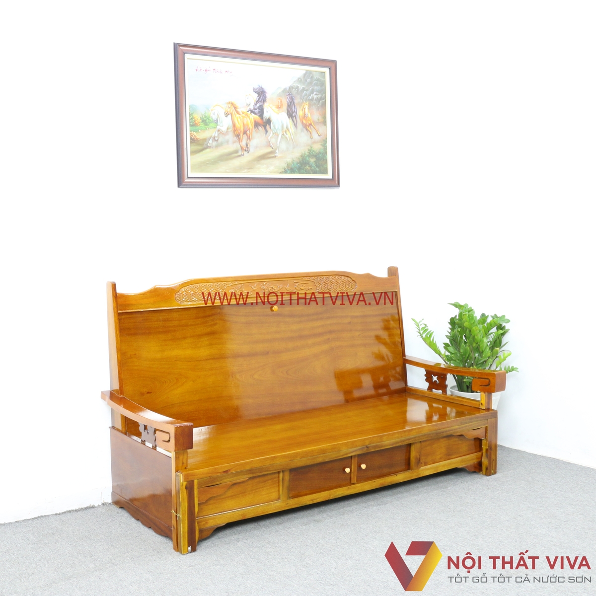 Ghế Trường Kỷ Kéo Ra Thành Giường Gỗ Xoan Đào Chạm Phúc Lộc Thọ -  200cm x 70cm x 116cm (dài x rộng x cao) / Mở ra thành giường: 185cm x 140cm x 116cm(dài x rộng x cao)