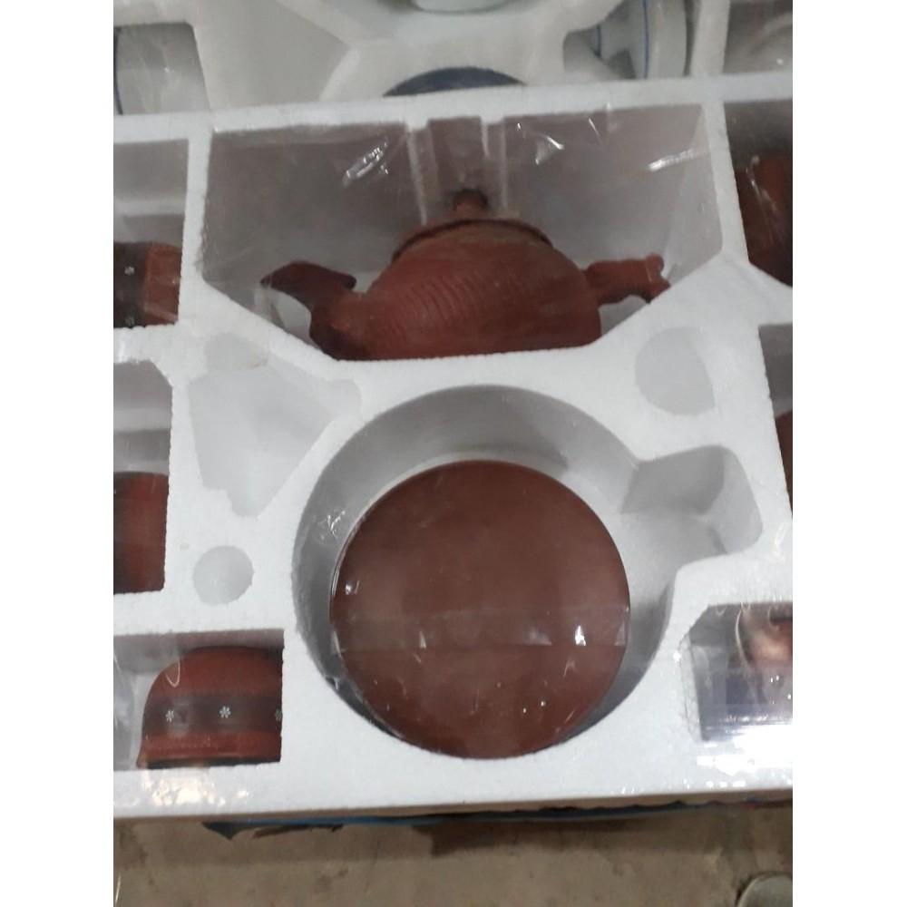 Bộ ấm chén Bát Tràng nâu, viền hoa nhỏ