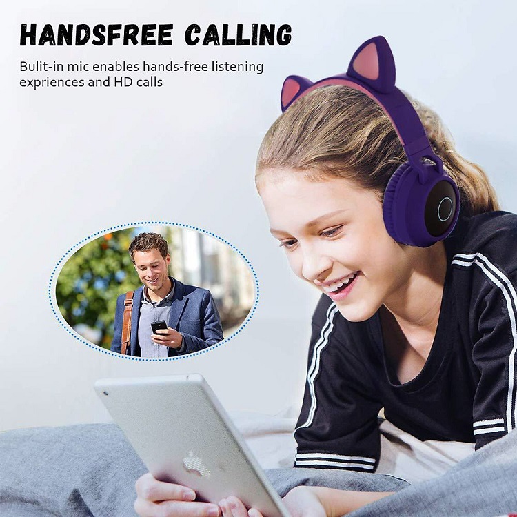 Tai nghe Bluetooth tai mèo HQ_BT-28C đáng yêu có mic đàm thoại cao cấp, tai nghe mèo có đèn phát sáng cute tai nghe tai mèo thời trang, đáng yêu có thể sử dụng khi chơi các tựa game online