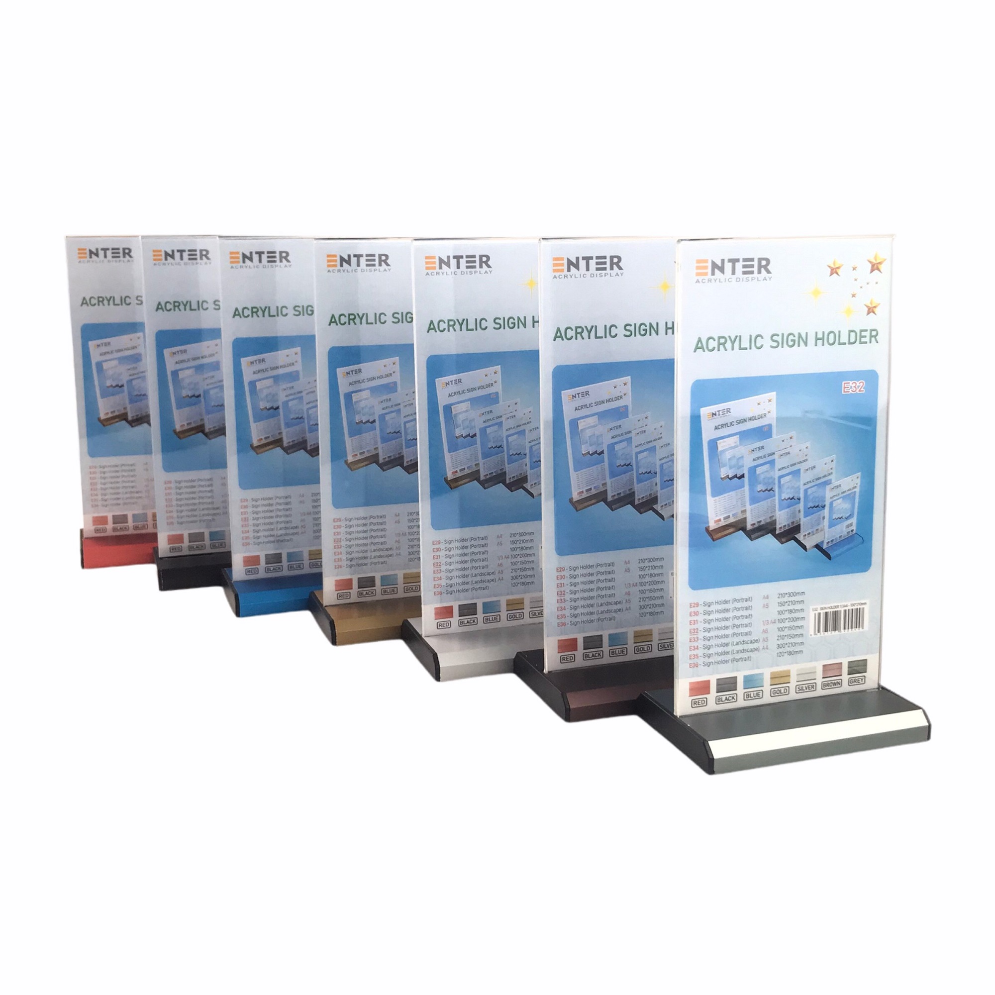 Kệ menu nhà hàng, Standee mica để bàn, Bảng quét mã QR Code, Kệ mica 2 mặt Enter E32 100x210mm đế nhôm 1/3 A4