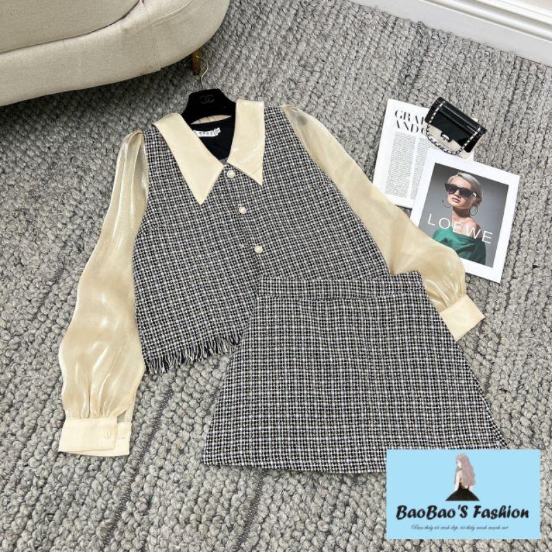 Set dạ phối sơ mi và chân váy xám đen
