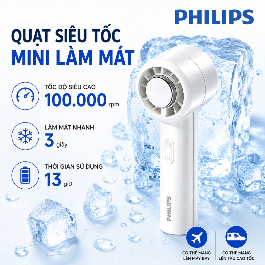 Quạt Cầm Tay Philips Serial 2000 ACR2124PPF ACR2124MPF Pin 3000mAh Sạc USB Cao Cấp - HÀNG CHÍNH HÃNG