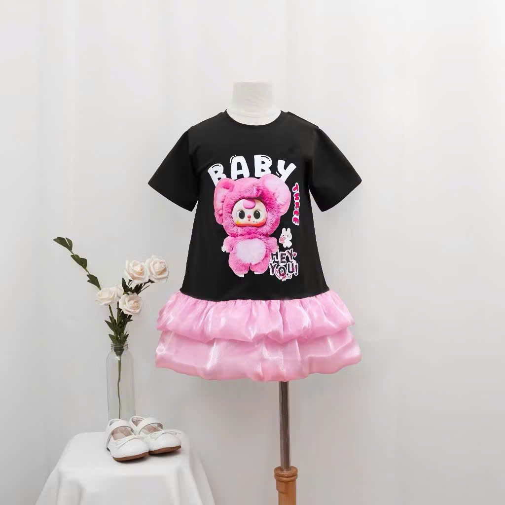 ĐẦM SUÔNG THUN CHÍNH PHẨM PHỐI 2 TÙNG BÍ IN BABYTHREE HOTTREND BÉ GÁI TỪ 12-50KG CHO BÉ GÁI