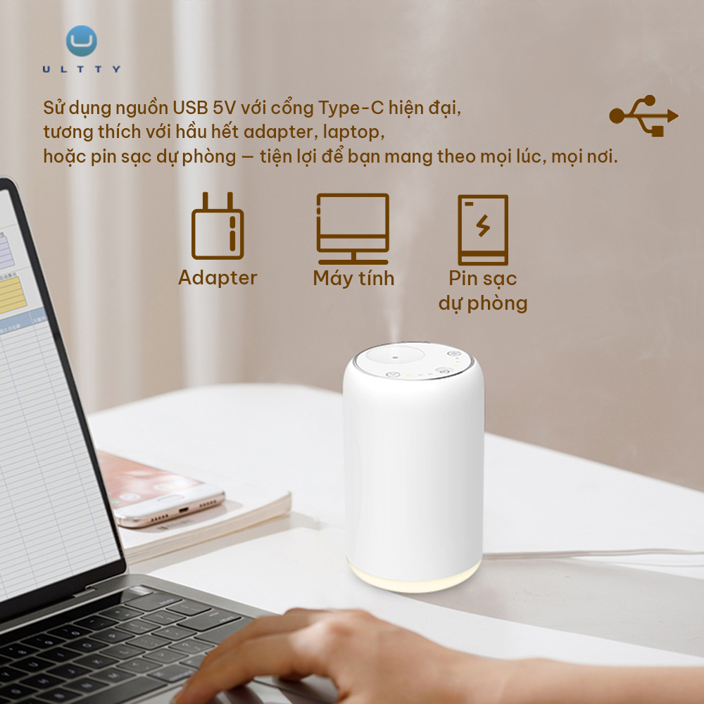 Máy Khuếch Tán Tinh Dầu U ULTTY Aroma – 3 Mức Lan Tỏa Hương, Đèn LED Thư Giãn, Thiết Kế Nhỏ Gọn, Sang Trọng, Tiện Lợi