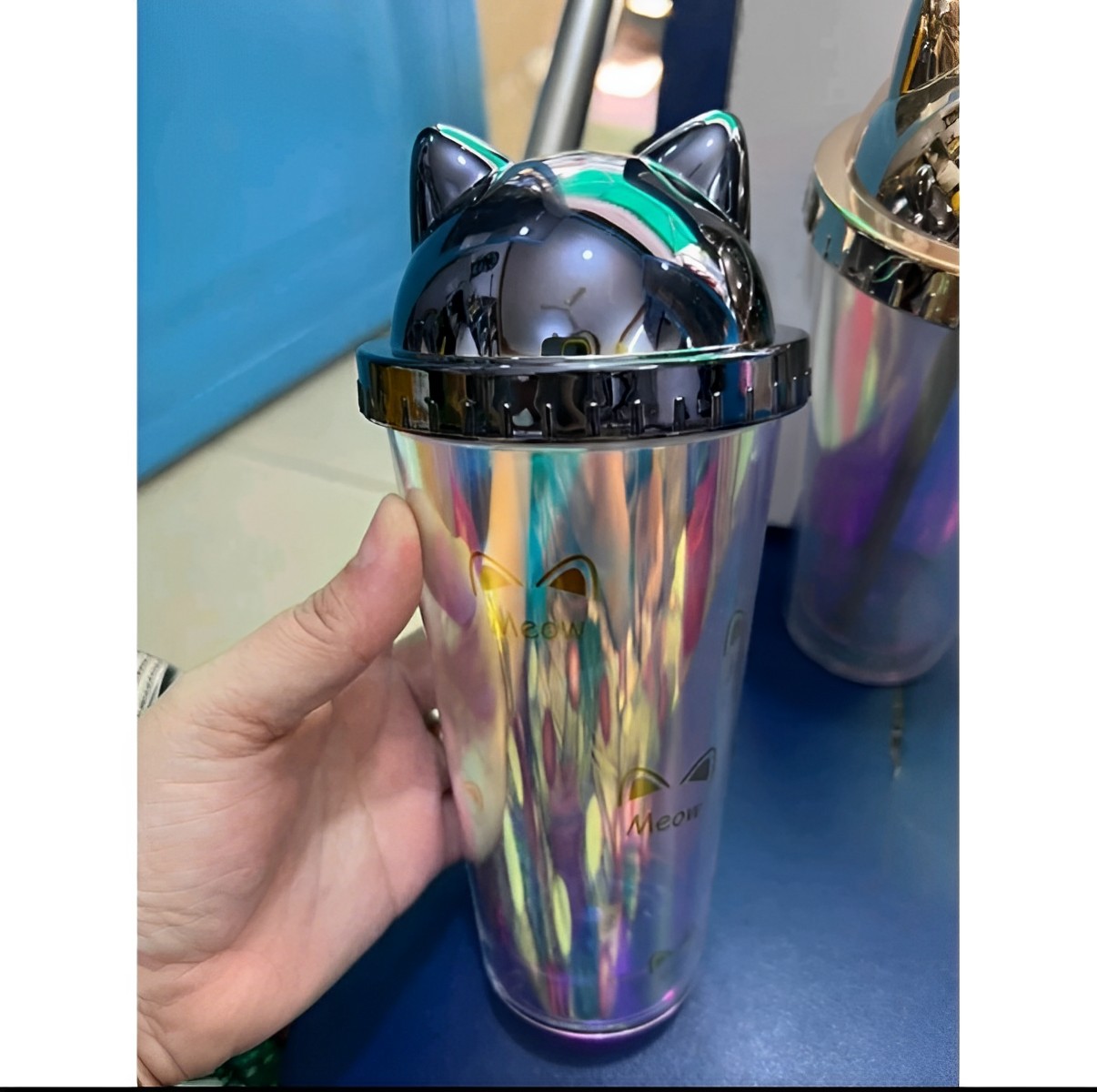 Bình Đựng Nước Hai Lớp Tai Mèo Lấp Lánh 380Ml Kèm Ống Hút