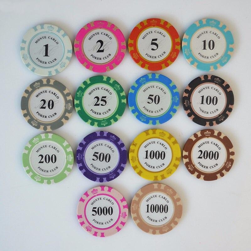 Lẻ 1 cọc 10 phỉnh đất sét poker Monte Carlo hàng đẹp nhiều mệnh giá lựa chọn 1, 5, 10, 25, 50, 100, 200