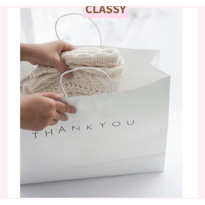 Túi giấy kraft Classy Thank You có quai xách màu trắng, nhiều kích cỡ lựa chọn Q1352