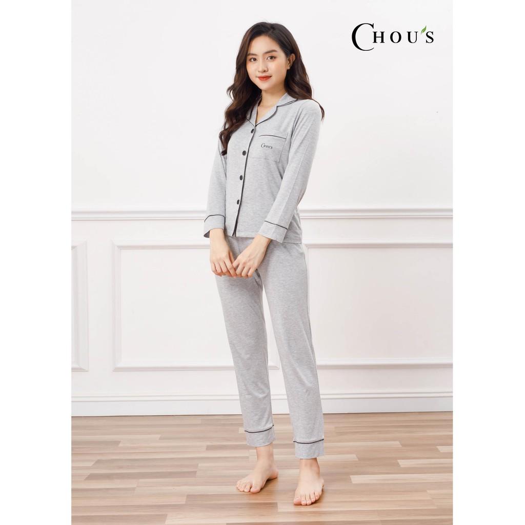 Bộ pyjamas nữ dài tay vải bamboo tự nhiên cao cấp Chou's - màu ghi