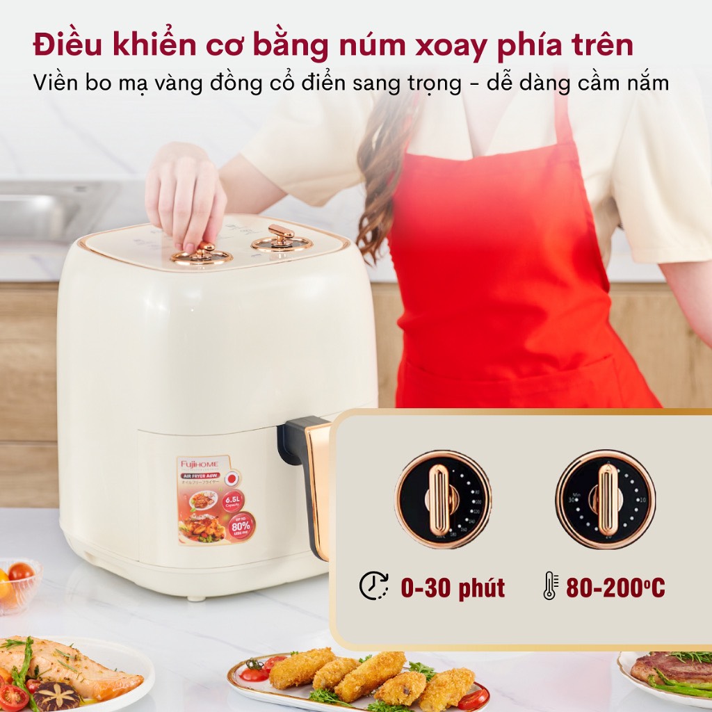 Nồi chiên không dầu 6.5L nhập khẩu Nhật Bản Fujihome A6W tự ngắt an toàn chống dính cao cấp - hàng chính hãng