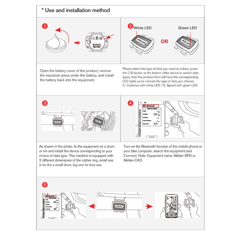Cảm biến tốc độ xe đạp Meilan C1, Sử dụng công nghệ chế độ kép BT BLE4.0 và ANT +,hống nước IPX5