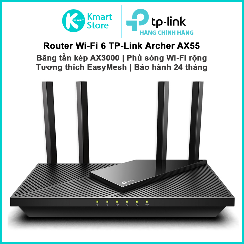 Router Phát Sóng WIFI 6 TP-Link Archer AX55 | Băng tần kép AX3000 2.4 &amp; 5.0 GHz | Phủ sóng rộng , EasyMesh | Bảo hành 2 năm | Hàng Chính Hãng