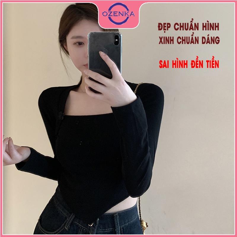 Áo croptop tay dài cổ vuông vạt yếm , crt ôm nữ đen trắng thun gân 100% cotton free size dưới 52 kg