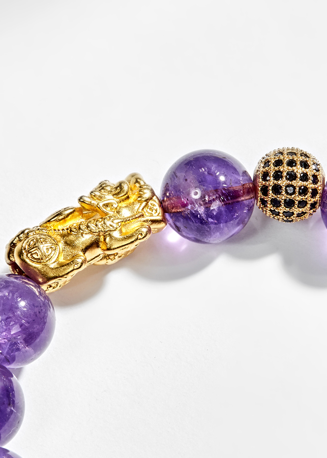 Vòng Tay Nam Đá Thạch Anh Tím Phối Tỳ Hưu Bạc Mạ Vàng 24K Ngọc Quý Gemstones