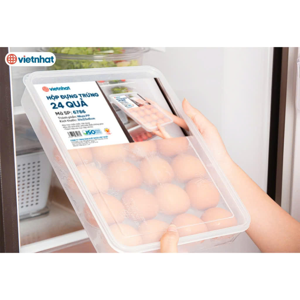 Hộp Đựng Trứng Gà, Vịt 24 Quả Việt Nhật Để Tủ Lạnh - Khay Bảo Quản Trứng Gà, Trứng Vịt Có Nắp - Hàng chính hãng