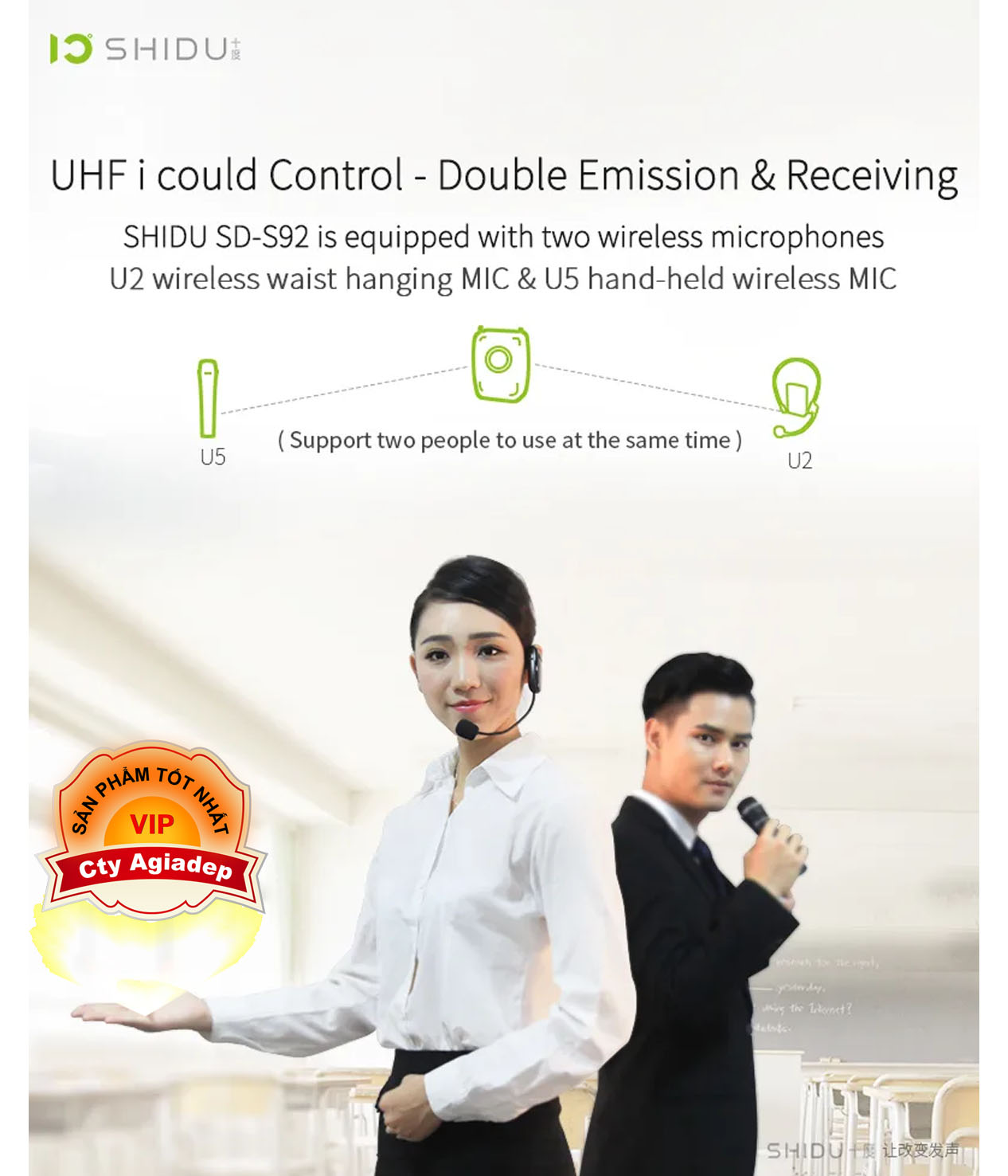 Mic trợ Giảng Shidu S92 Không Dây Cầm Tay UHF/Bluetooth kết nối mọi thiết bị Tặng kèm mic kẹp áo cao cấp