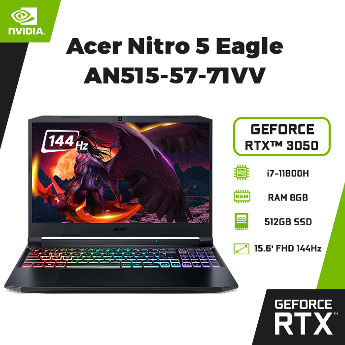 Laptop Acer Nitro 5 Eagle AN515-57-71VV (Core i7-11800H/ 8GB DDR4/ 512GB SSD/ RTX 3050 4GB/ 15.6 FHD IPS, 144Hz/ Win11) - Hàng Chính Hãng