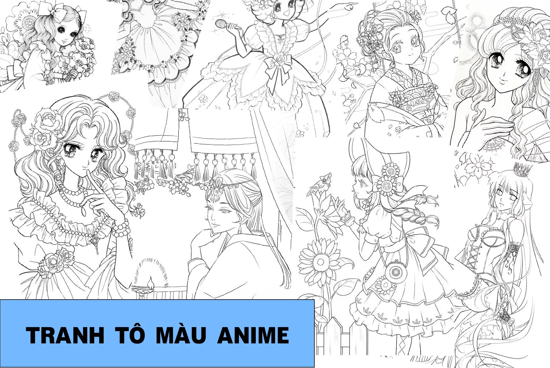 Tranh tô màu cỗ trang Anime combo 20 tấm khổ giấy A4